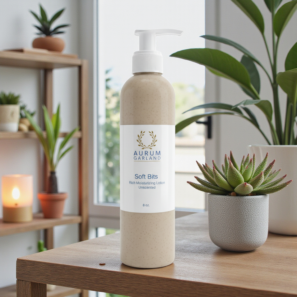Bottle of Aurum Garland Soft Bits on a wooden table with plants and a candle in the background