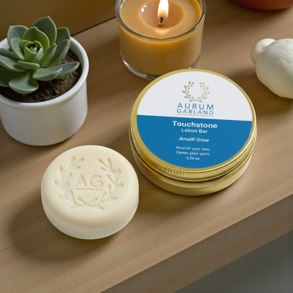 Aurum Garland lotion bar and container on a wooden surface with a candle and plant in the background.