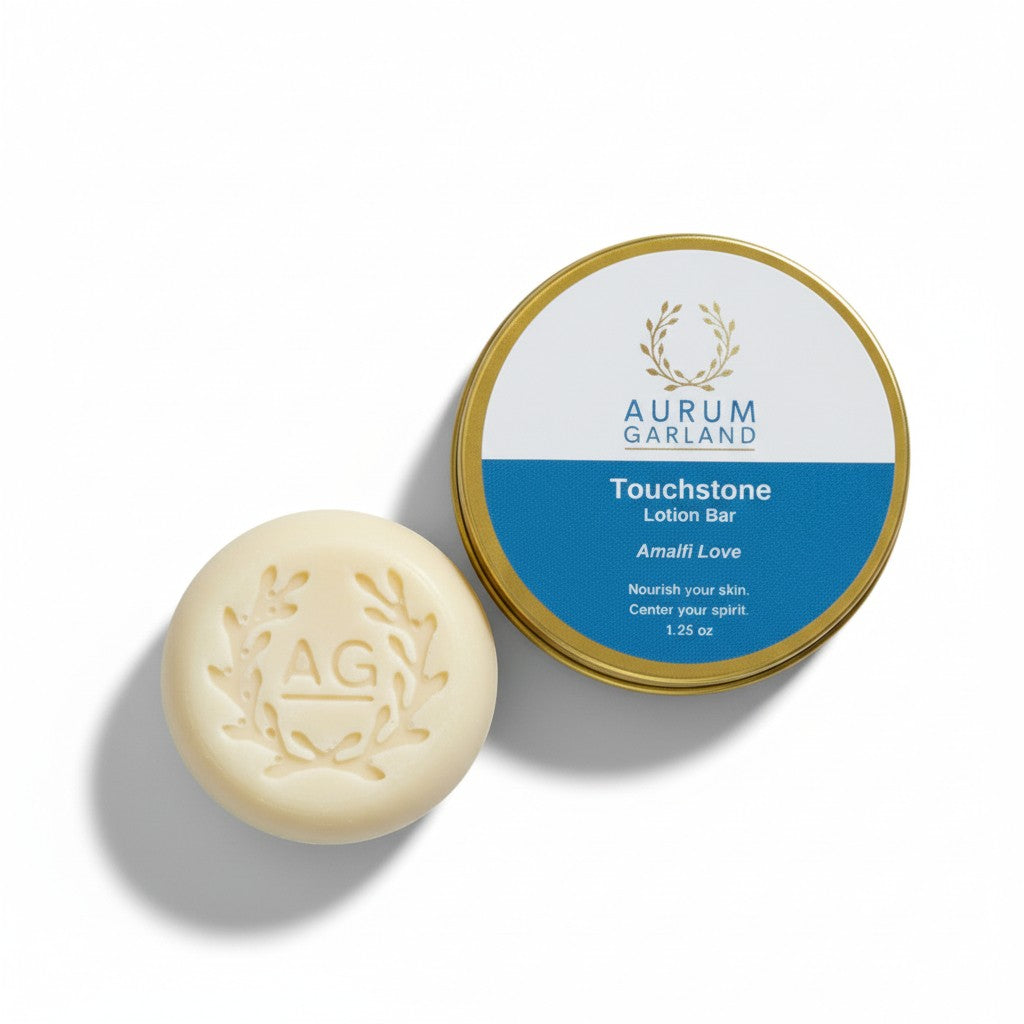 Aurum Garland Touchstone Lotion Bar with packaging on a white background