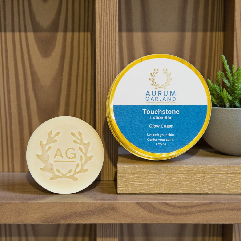 Aurum Garland Touchstone Lotion Bar on a wooden surface with a blurred background