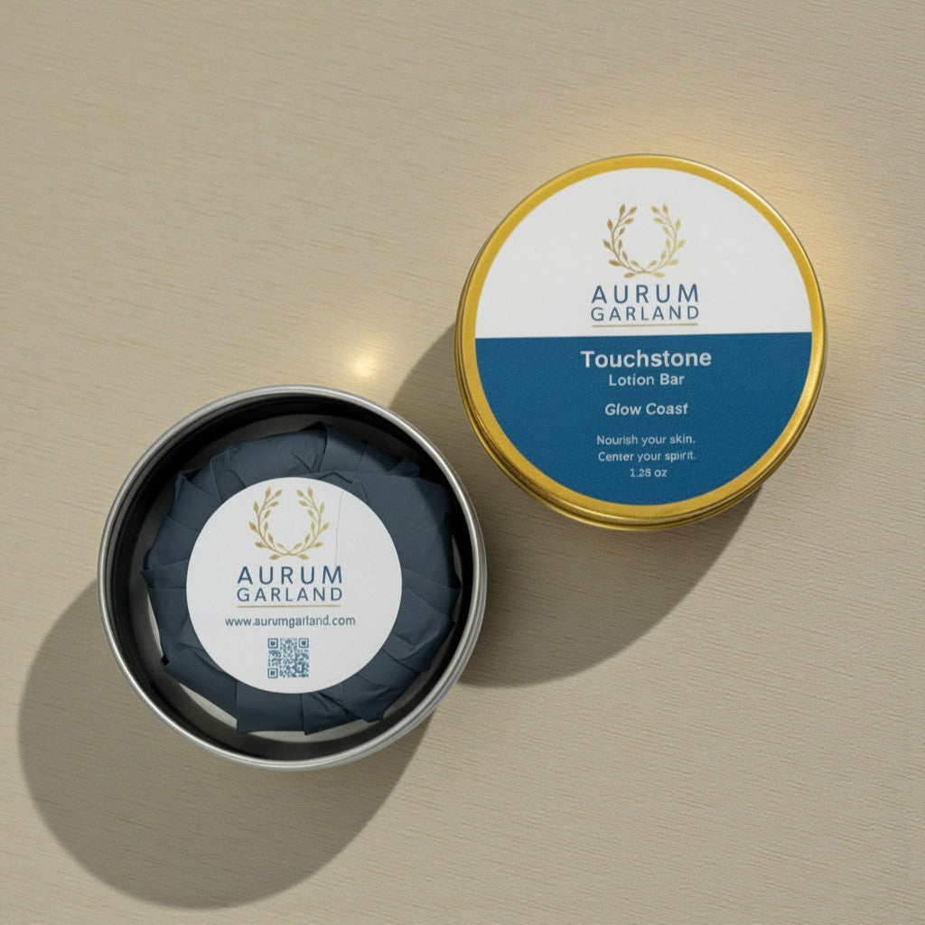 Aurum Garland Touchstone Lotion Bar packaging on a beige surface