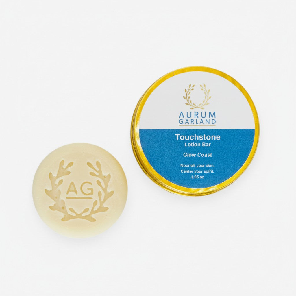 Aurum Garland Touchstone Lotion Bar and container on a white background