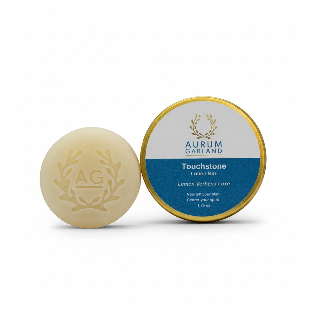 Aurum Garland Touchstone Lotion Bar and container on a white background