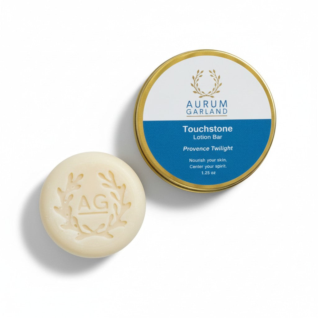 Aurum Garland Touchstone Lotion Bar with packaging on a white background